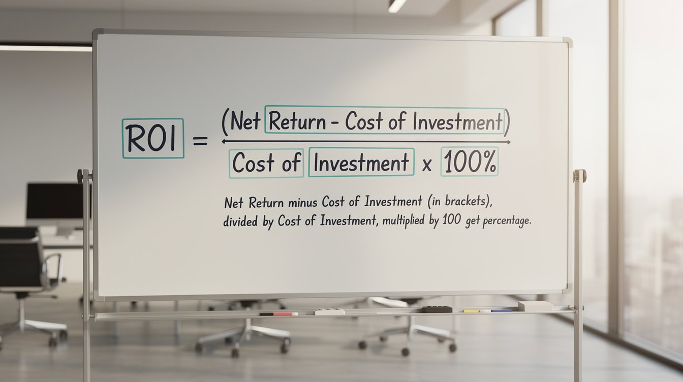 Diagram breaking down each component of the ROI formula with labeled arrows and color-coded callout boxes | eFinancialModels Diagram breaking down each component of the ROI formula with labeled arrows and color-coded callout boxes