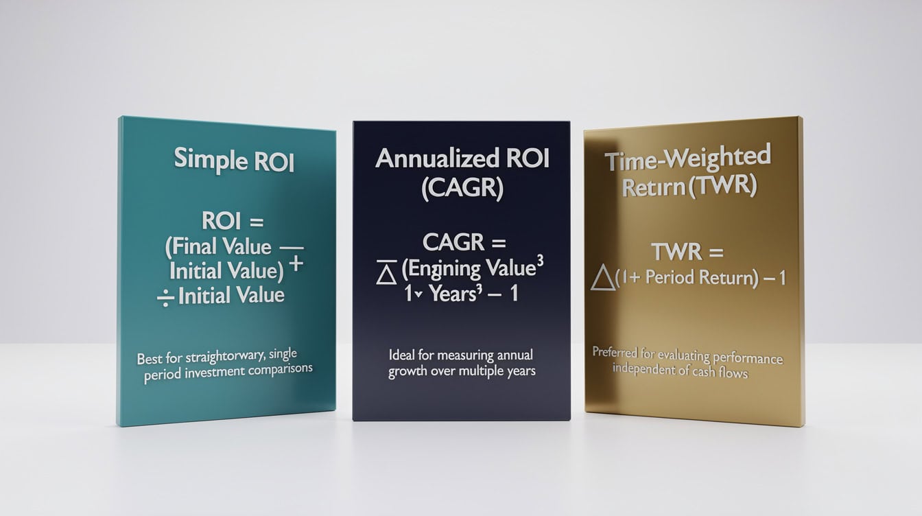 Three-panel comparison diagram showing Simple ROI Annualized ROI CAGR and Time-Weighted Return formulas with use cases | eFinancialModels Three-panel comparison diagram showing Simple ROI, Annualized ROI CAGR, and Time-Weighted Return formulas with use cases