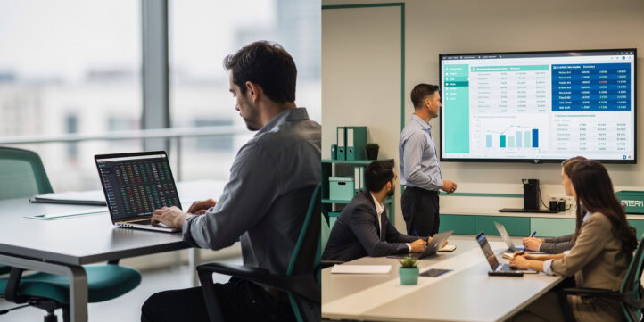Split-screen comparison of DIY financial modeling versus hiring a professional financial modeler