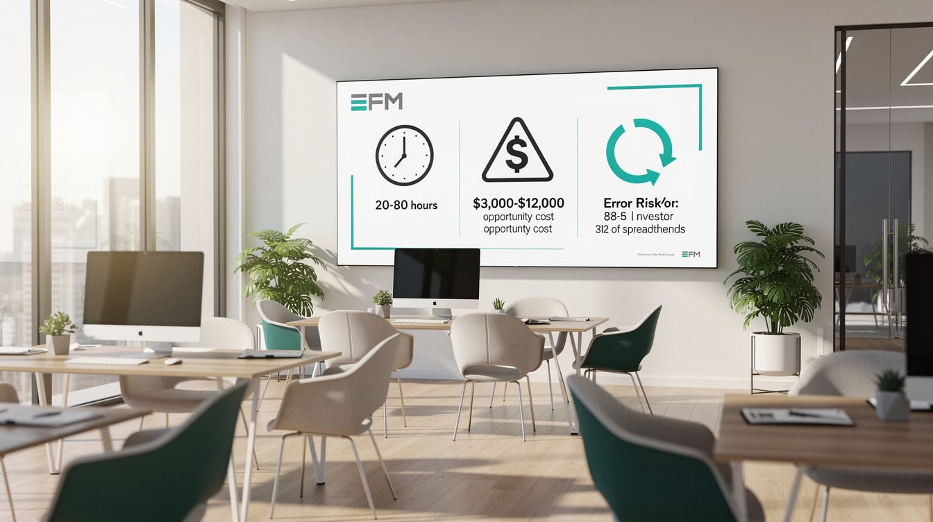 Infographic showing the four hidden costs of DIY financial modeling including time opportunity cost error risk and revision cycles | eFinancialModels Infographic showing the four hidden costs of DIY financial modeling including time, opportunity cost, error risk, and revision cycles