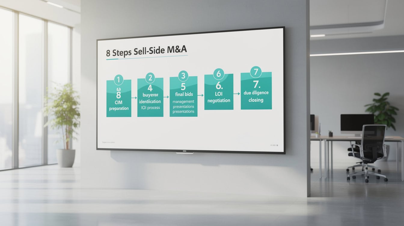 Eight-step sell-side MA process flowchart from CIM preparation to closing | eFinancialModels Eight-step sell-side M&A process flowchart from CIM preparation to closing