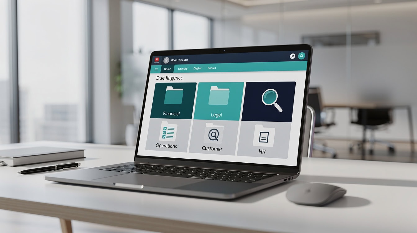 Digital data room organized into five categories for due diligence financial legal operations customer and HR | eFinancialModels Digital data room organized into five categories for due diligence: financial, legal, operations, customer, and HR