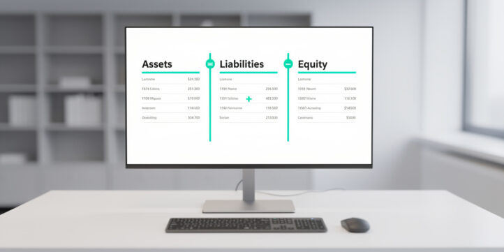 Balance sheet structure showing Assets equals Liabilities plus Equity in a three-column layout