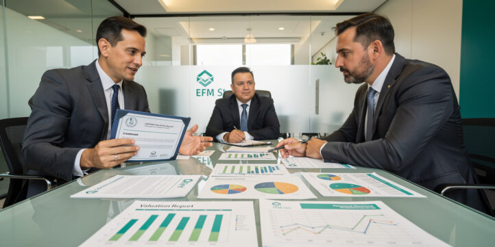 Business owner reviewing a valuation report with credentialed advisors at a conference table