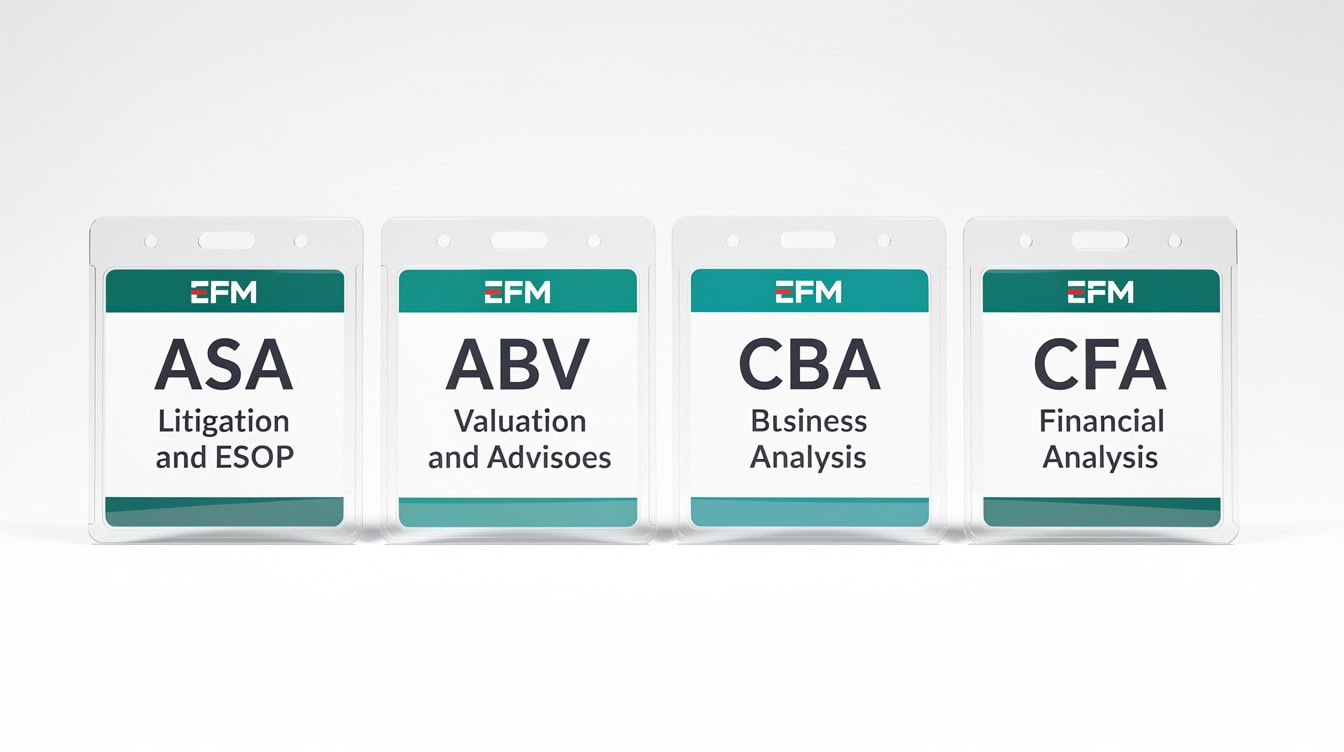 Five business valuation credential badges showing ASA ABV CVA CBA and CFA with primary use cases labeled | eFinancialModels Five business valuation credential badges showing ASA, ABV, CVA, CBA, and CFA with primary use cases labeled