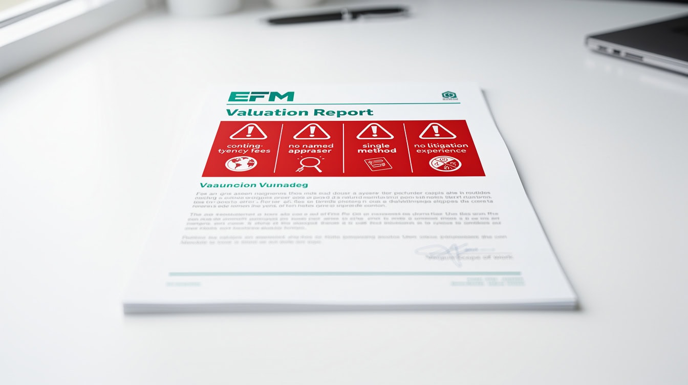 Red flag warning signs for business valuation firm selection showing five disqualifying criteria | eFinancialModels Red flag warning signs for business valuation firm selection showing five disqualifying criteria