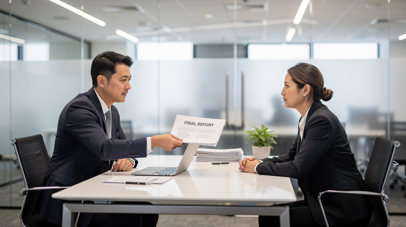 Business advisor presenting a final valuation report to a business owner in a professional office setting | eFinancialModels Business advisor presenting a final valuation report to a business owner in a professional office setting