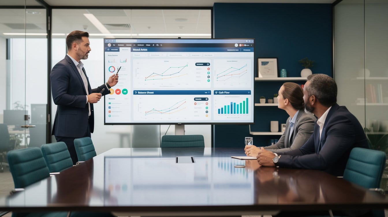 Financial modeling consultant presenting investor-grade custom financial model to Series A investors in a conference room | eFinancialModels Financial modeling consultant presenting investor-grade custom financial model to Series A investors in a conference room
