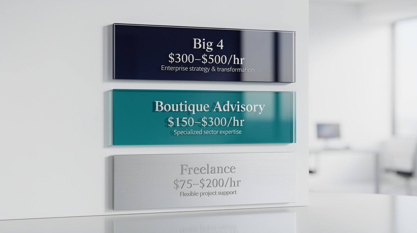 Three-tier consultant rate comparison Big 4 at 00hr boutique at 00hr freelance at 0hr | eFinancialModels Three-tier consultant rate comparison: Big 4 at 0–0/hr, boutique at 0–0/hr, freelance at –0/hr