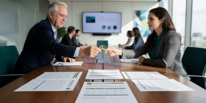 Family business valuation and succession transfer illustration with governance documents on conference table