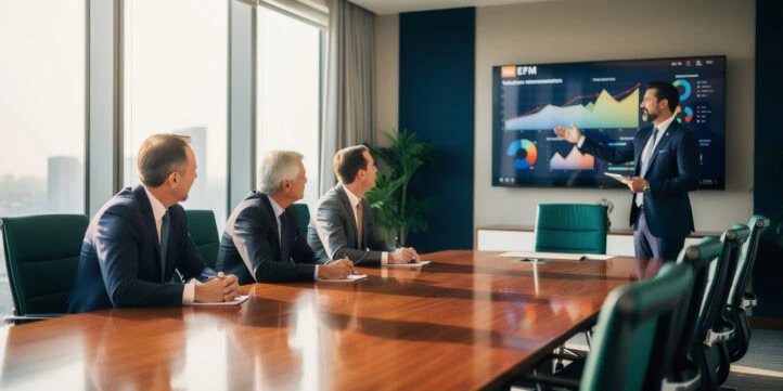 Family business valuation dispute resolution meeting with three generations around a conference table and financial advisor presenting charts