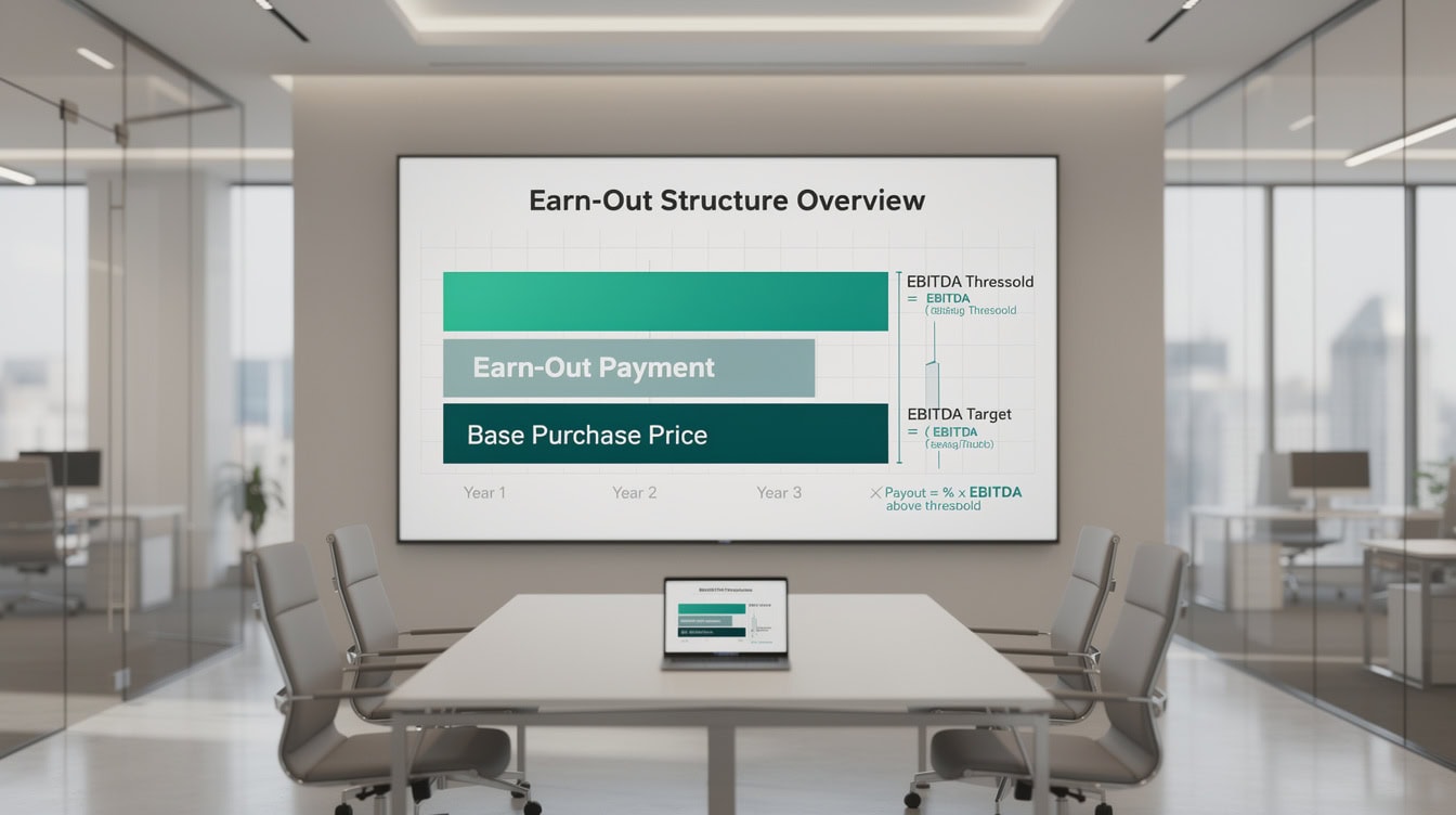 Diagram illustrating an EBITDA-based earn-out structure showing base purchase price and contingent earn-out payment components | eFinancialModels Diagram illustrating an EBITDA-based earn-out structure showing base purchase price and contingent earn-out payment components