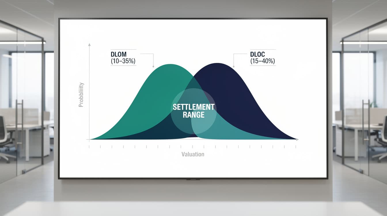 Infographic showing competing valuation opinions with overlapping settlement range and discount rate annotations for DLOM and DLOC | eFinancialModels Infographic showing competing valuation opinions with overlapping settlement range and discount rate annotations for DLOM and DLOC