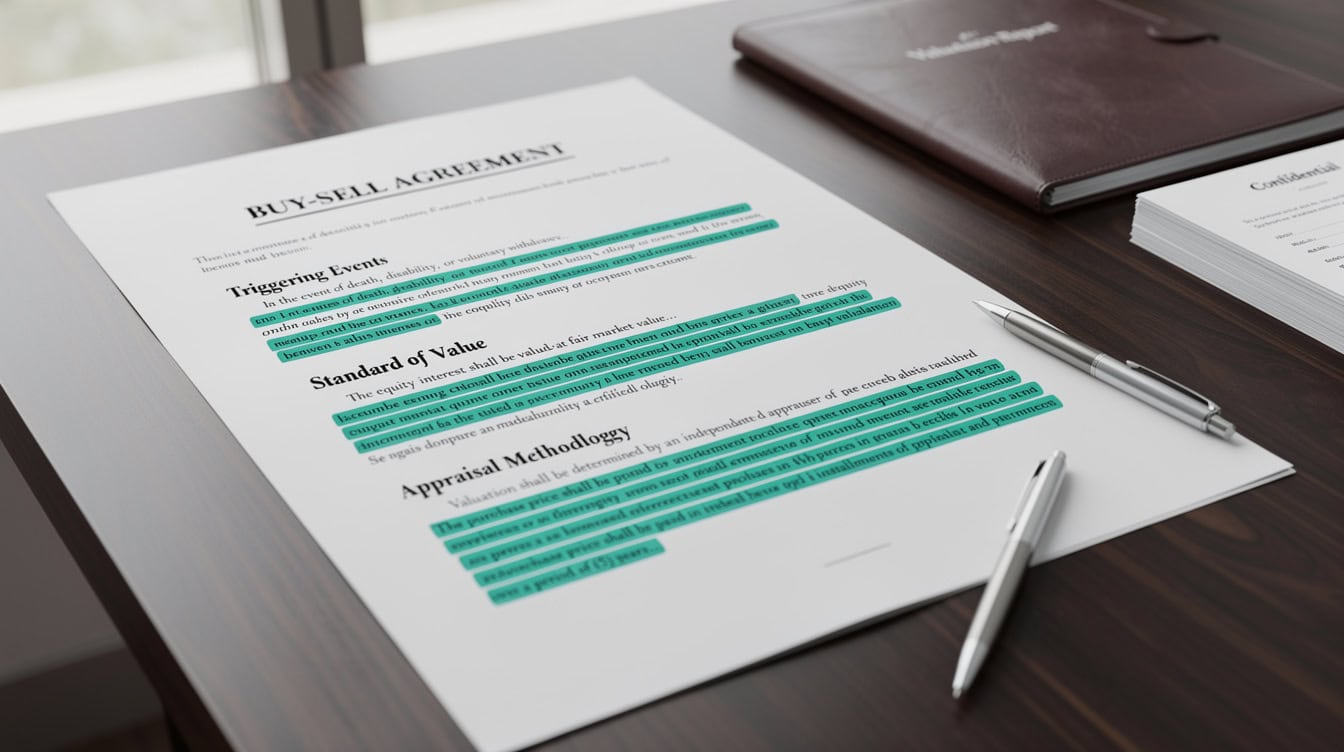 Illustration of a buy-sell agreement document with highlighted valuation clauses covering triggering events standard of value and appraisal methodology | eFinancialModels Illustration of a buy-sell agreement document with highlighted valuation clauses covering triggering events, standard of value, and appraisal methodology