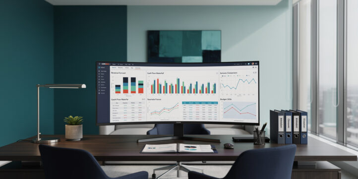 Custom financial model dashboard displayed on a monitor showing scenario analysis and ROI outputs