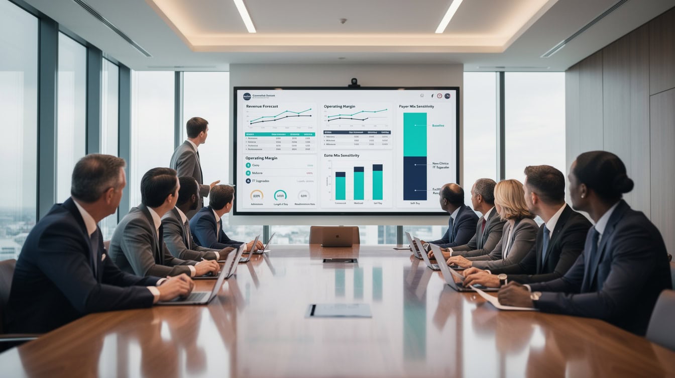 Healthcare system board reviewing a scenario planning financial model showing three service line expansion options with projected net operating income | eFinancialModels Healthcare system board reviewing a scenario planning financial model showing three service line expansion options with projected net operating income