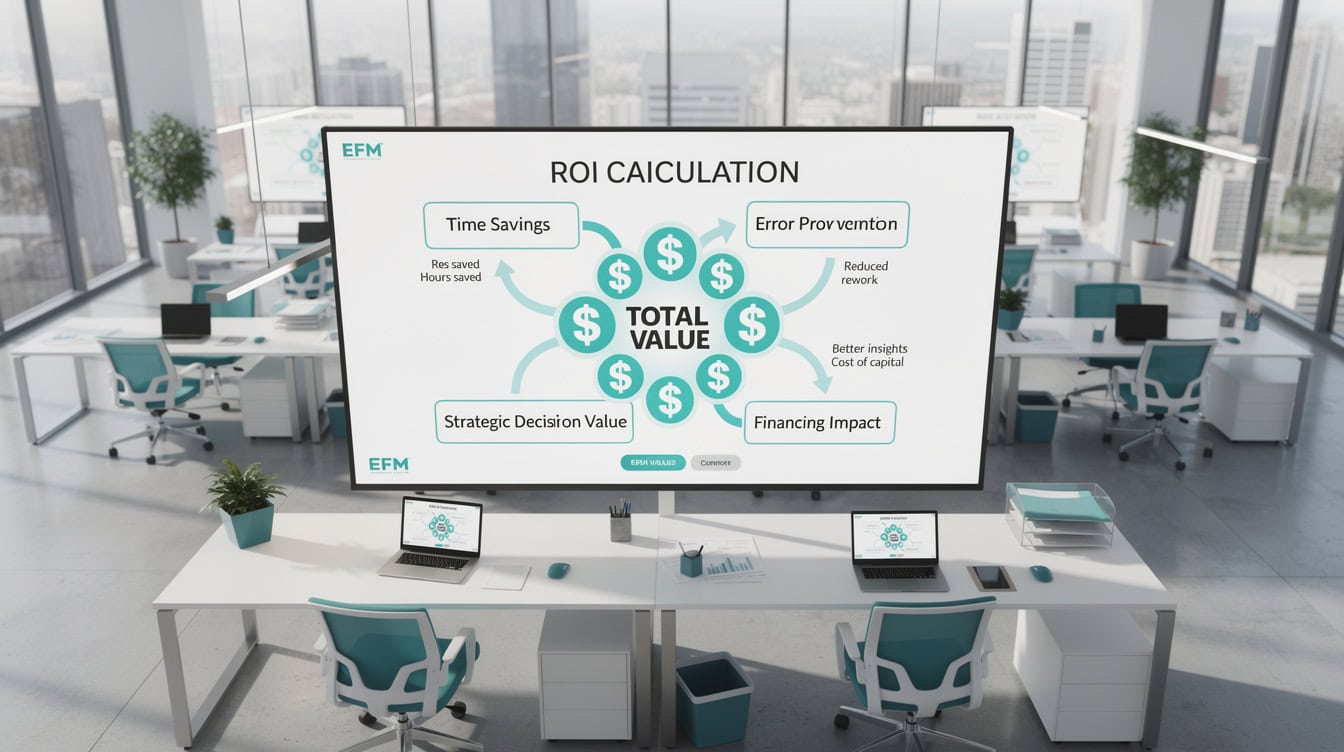 ROI calculation framework diagram showing four value drivers feeding into total custom model value time savings error prevention strategic decisions and financing impact | eFinancialModels ROI calculation framework diagram showing four value drivers feeding into total custom model value: time savings, error prevention, strategic decisions, and financing impact