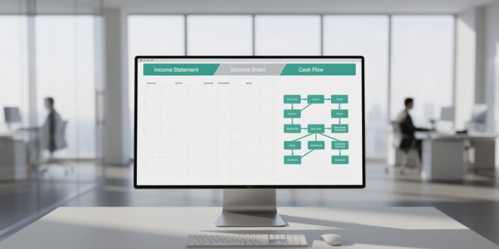 Financial model selection dashboard showing three linked statement tabs and a decision tree on a monitor