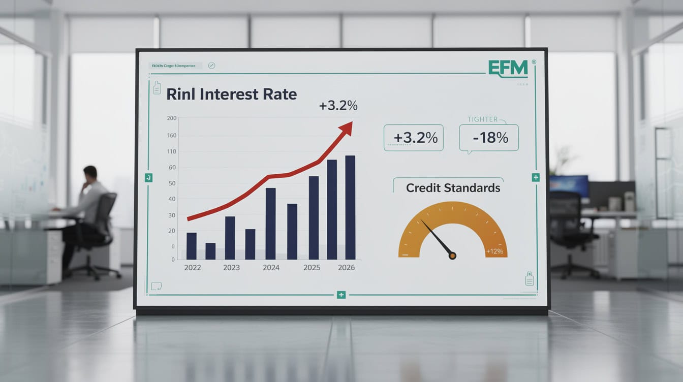 Infographic showing rising interest rates declining VC investment and tightening bank lending standards from 2022 to 2026 | eFinancialModels Infographic showing rising interest rates, declining VC investment, and tightening bank lending standards from 2022 to 2026