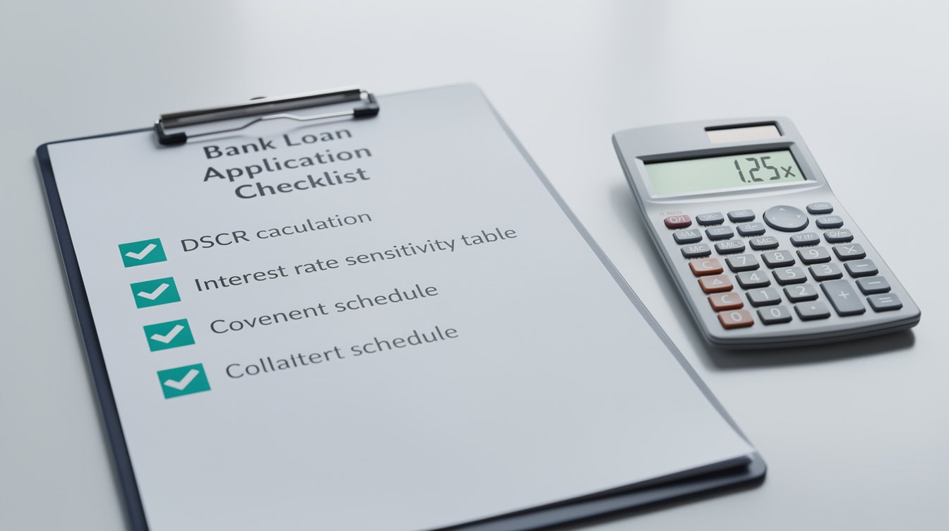 Debt financing model checklist showing DSCR calculation covenant schedule and collateral requirements | eFinancialModels Debt financing model checklist showing DSCR calculation, covenant schedule, and collateral requirements
