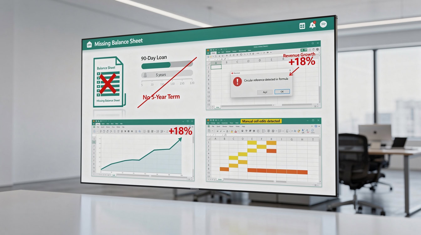 Five financial model red flags illustrated as warning signs missing balance sheet wrong time horizon unsupported revenue assumptions circular reference and manual scenario edits | eFinancialModels Five financial model red flags illustrated as warning signs: missing balance sheet, wrong time horizon, unsupported revenue assumptions, circular reference, and manual scenario edits