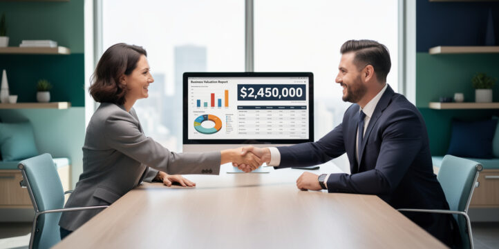 Business owner meeting with a certified valuation expert to review a formal business appraisal report