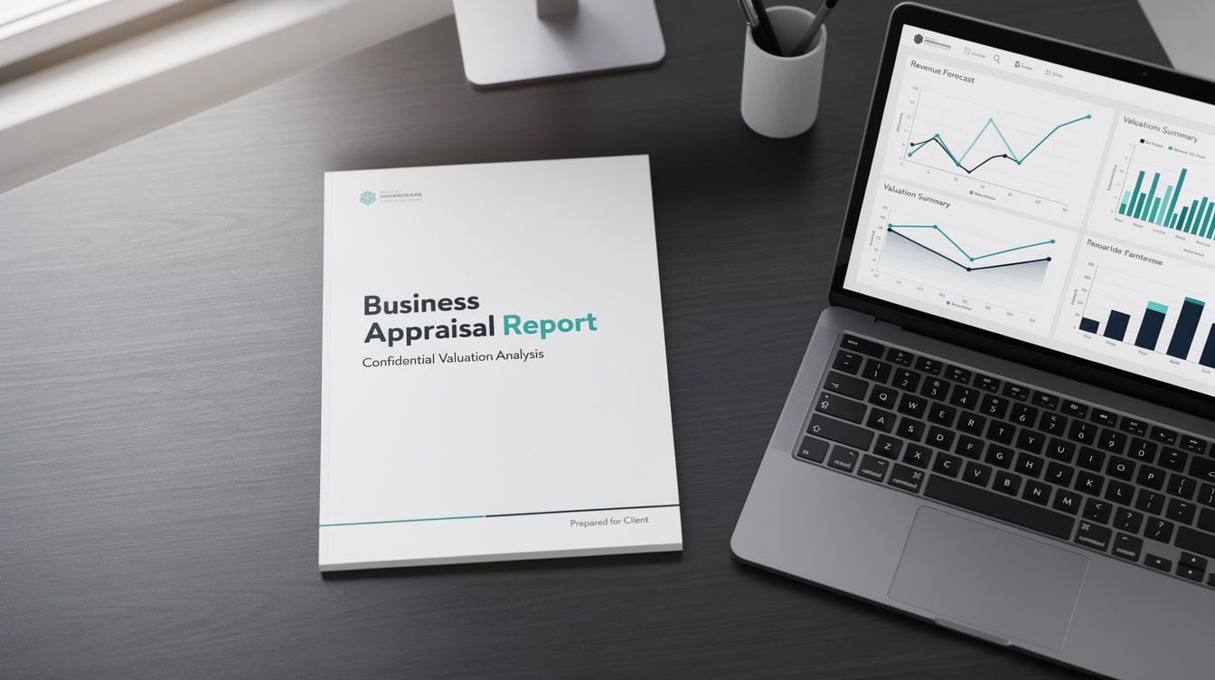 Formal business appraisal report with credential badges and concluded value on a professional desk | eFinancialModels Formal business appraisal report with credential badges and concluded value on a professional desk