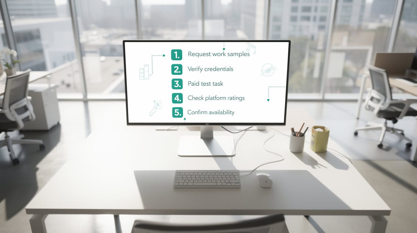 Five-step vetting process diagram for evaluating freelance financial modelers before hiring | eFinancialModels Five-step vetting process diagram for evaluating freelance financial modelers before hiring