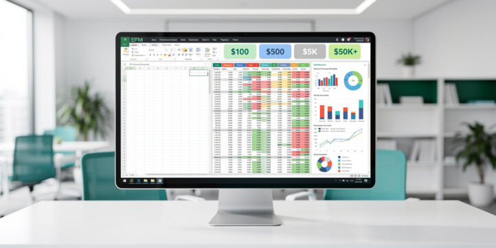 Financial model pricing spectrum from $100 templates to $50K+ custom enterprise builds displayed on a monitor dashboard