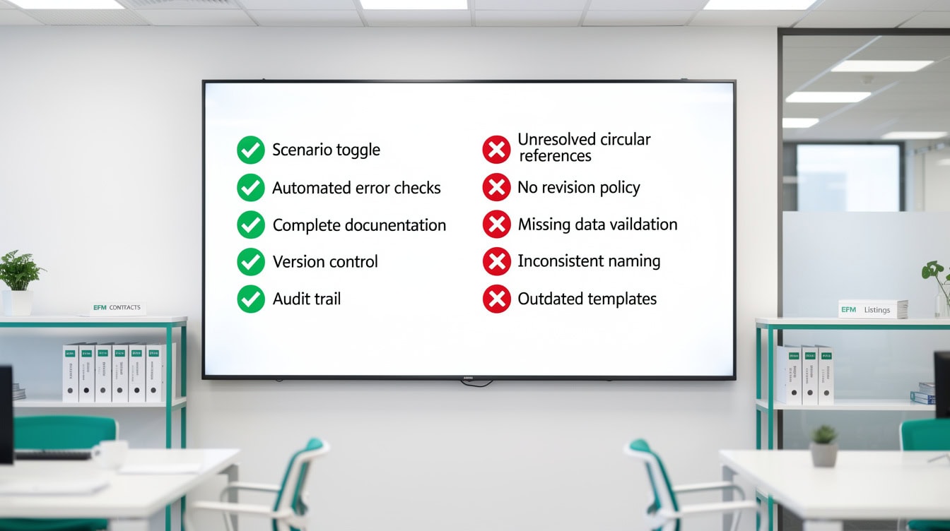 Financial model quality checklist showing green flags for scenario toggle and documentation versus red flags for missing scope and circular references | eFinancialModels Financial model quality checklist showing green flags for scenario toggle and documentation versus red flags for missing scope and circular references