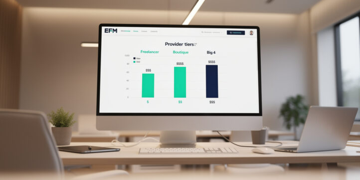 Dashboard comparing financial model costs across freelancer, boutique firm, and Big 4 provider tiers