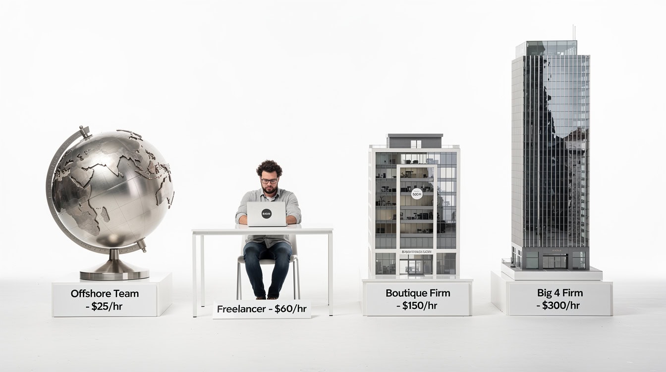 Illustration comparing four financial modeling provider tiers from offshore teams to Big 4 firms with hourly rate ranges | eFinancialModels Illustration comparing four financial modeling provider tiers from offshore teams to Big 4 firms with hourly rate ranges