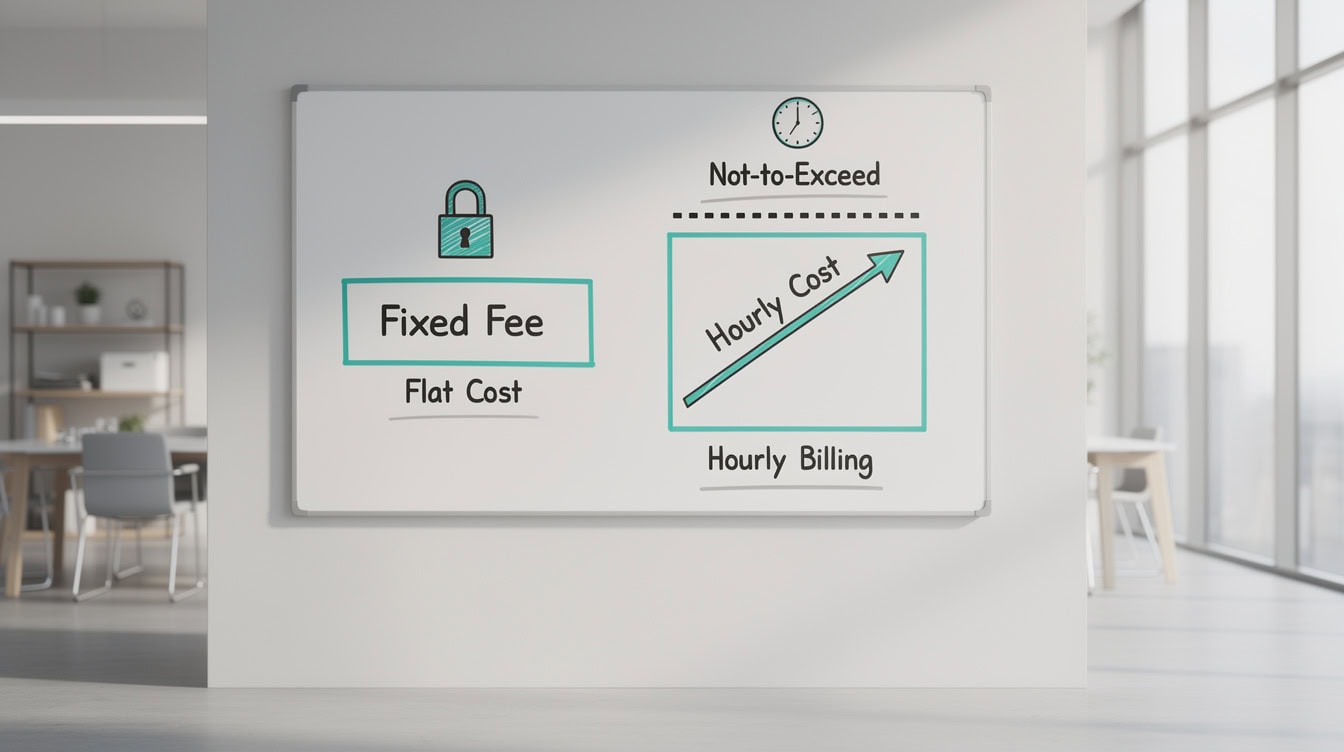 Diagram comparing fixed-fee and hourly billing structures for financial modeling engagements with a not-to-exceed cap illustrated | eFinancialModels Diagram comparing fixed-fee and hourly billing structures for financial modeling engagements with a not-to-exceed cap illustrated