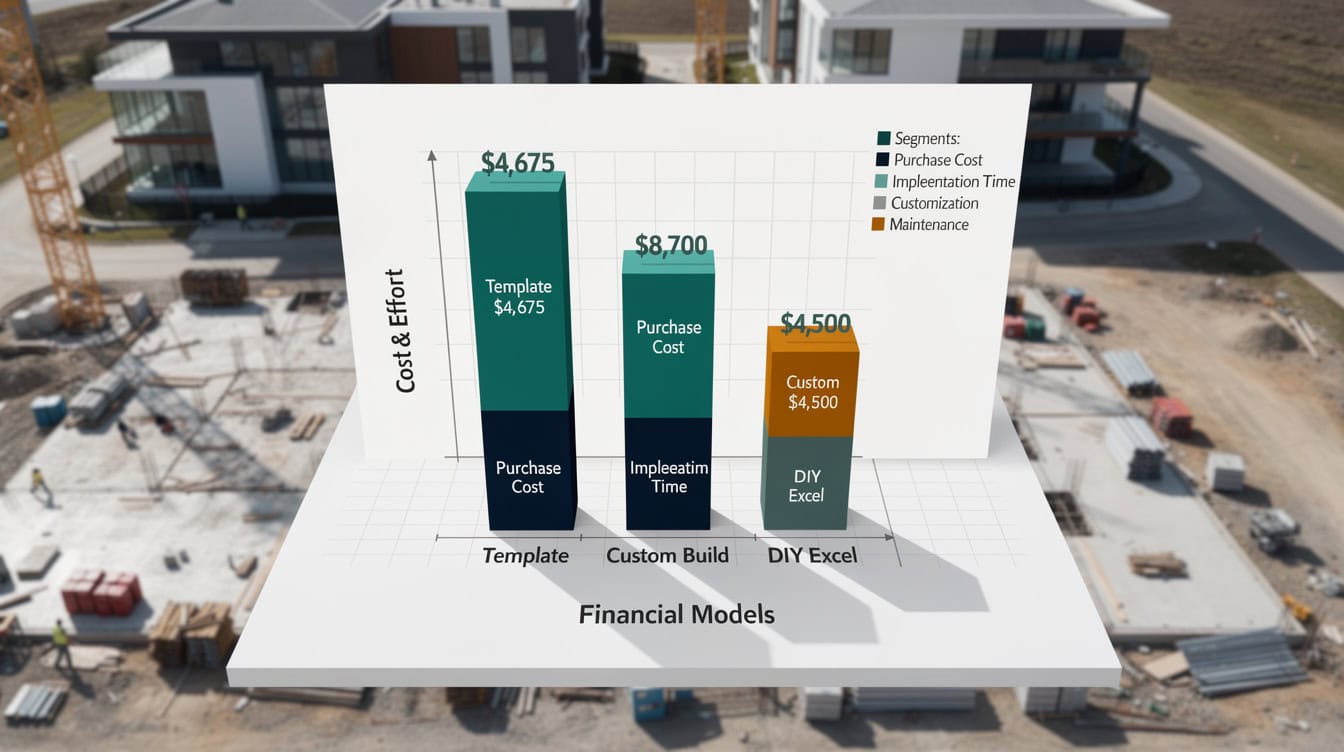 Stacked bar chart comparing 12-month total cost of ownership for template at 75 custom build at 00 and DIY Excel at 00 broken down by cost component | eFinancialModels Stacked bar chart comparing 12-month total cost of ownership for template at ,675, custom build at ,700, and DIY Excel at ,500, broken down by cost component