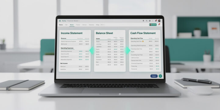 Three-statement financial model dashboard showing linked income statement, balance sheet, and cash flow statement