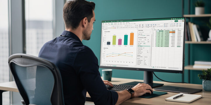 Startup founder reviewing an investor-ready financial model on a monitor