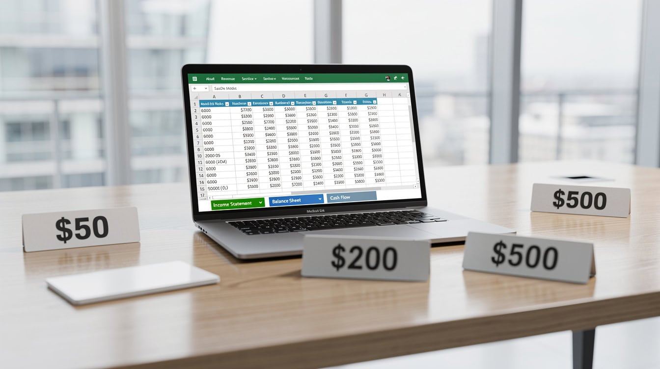 Laptop displaying a SaaS financial model template with price tags showing the to 0 cost range for pre-built templates | eFinancialModels Laptop displaying a SaaS financial model template with price tags showing the to 0 cost range for pre-built templates