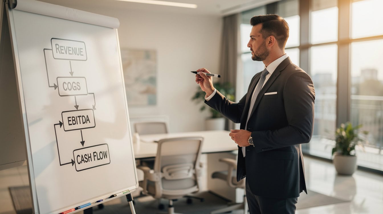 Financial modeling consultant presenting a custom model structure to a startup team at a whiteboard | eFinancialModels Financial modeling consultant presenting a custom model structure to a startup team at a whiteboard