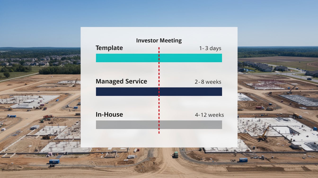 Timeline comparison showing template build time of 1-3 days versus managed service 2-8 weeks versus in-house 4-12 weeks with an investor meeting deadline marker | eFinancialModels Timeline comparison showing template build time of 1-3 days versus managed service 2-8 weeks versus in-house 4-12 weeks, with an investor meeting deadline marker