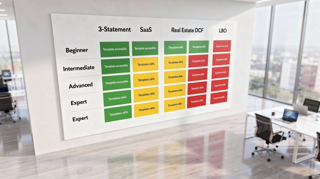 Skill matrix showing required expertise levels for different financial model types from three-statement models to LBO models | eFinancialModels Skill matrix showing required expertise levels for different financial model types from three-statement models to LBO models