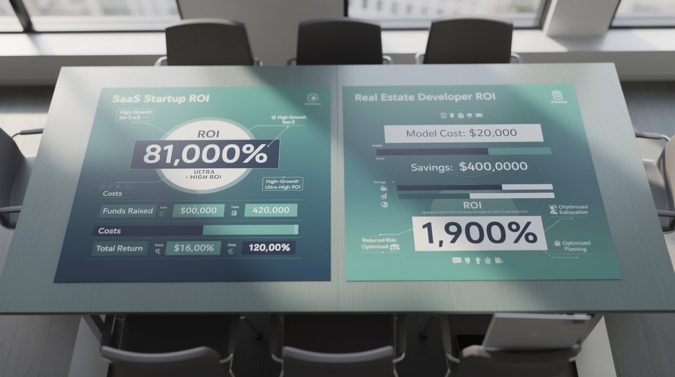 Two ROI calculation examples showing a SaaS startup achieving 81000 percent ROI on a template and a real estate developer achieving 1900 percent ROI on a managed service | eFinancialModels Two ROI calculation examples showing a SaaS startup achieving 81000 percent ROI on a template and a real estate developer achieving 1900 percent ROI on a managed service