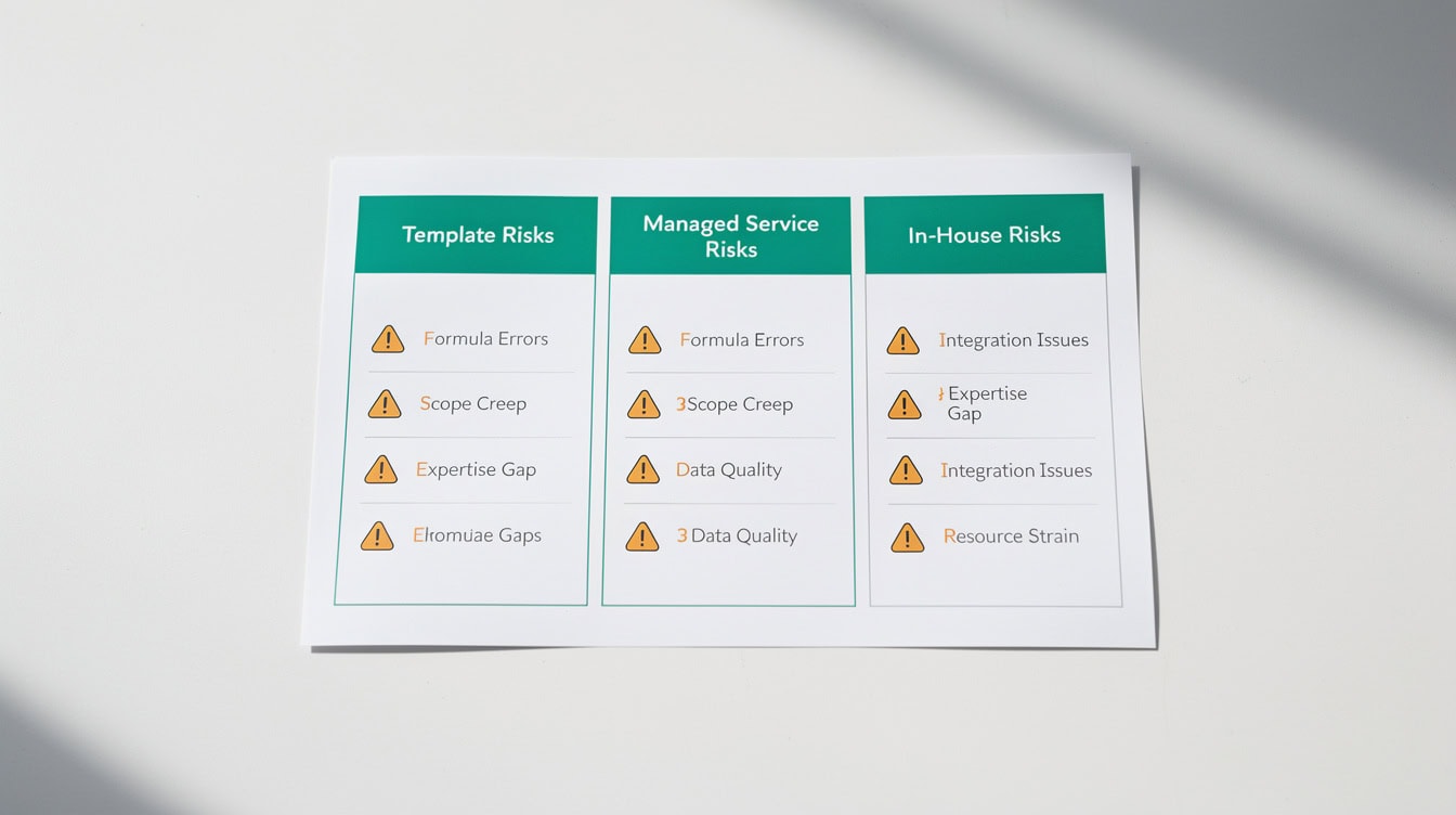 Risk matrix showing the top three hidden risks for each financial model acquisition method including formula errors for templates and scope creep for managed services | eFinancialModels Risk matrix showing the top three hidden risks for each financial model acquisition method including formula errors for templates and scope creep for managed services