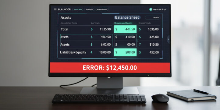Balance sheet dashboard showing a red error alert where assets do not equal liabilities plus equity