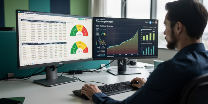 Buyer comparing acquisition financial model and startup financial model on dual monitors