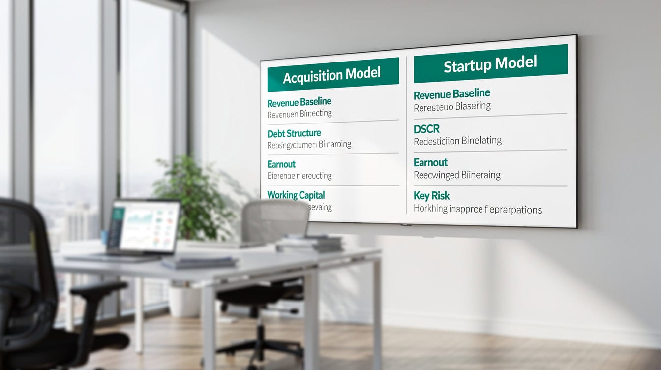 Side-by-side comparison infographic of acquisition model versus startup model key features | eFinancialModels Side-by-side comparison infographic of acquisition model versus startup model key features