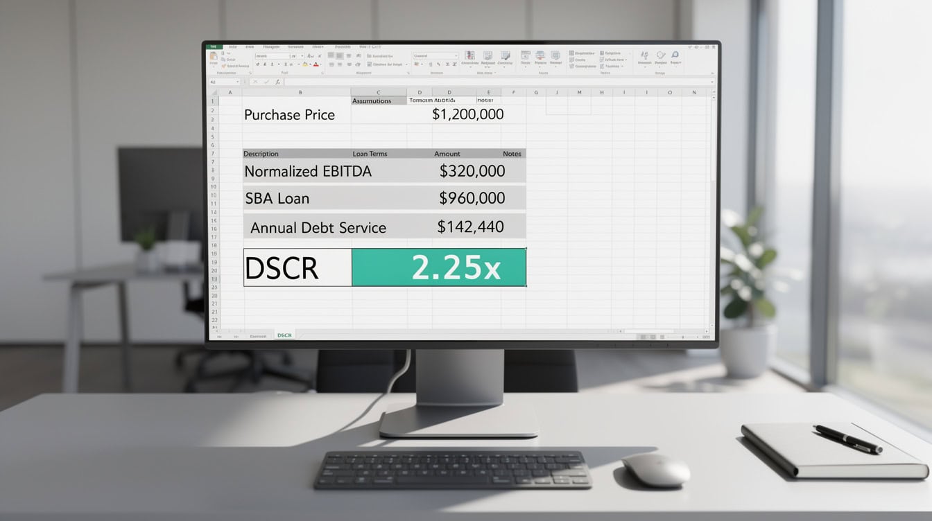 Excel worksheet showing pharmacy acquisition DSCR calculation with 225x result highlighted | eFinancialModels Excel worksheet showing pharmacy acquisition DSCR calculation with 2.25x result highlighted