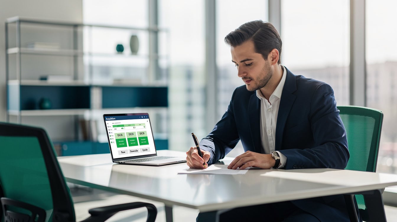 Business buyer signing letter of intent with completed acquisition financial model showing green DSCR indicators on laptop | eFinancialModels Business buyer signing letter of intent with completed acquisition financial model showing green DSCR indicators on laptop