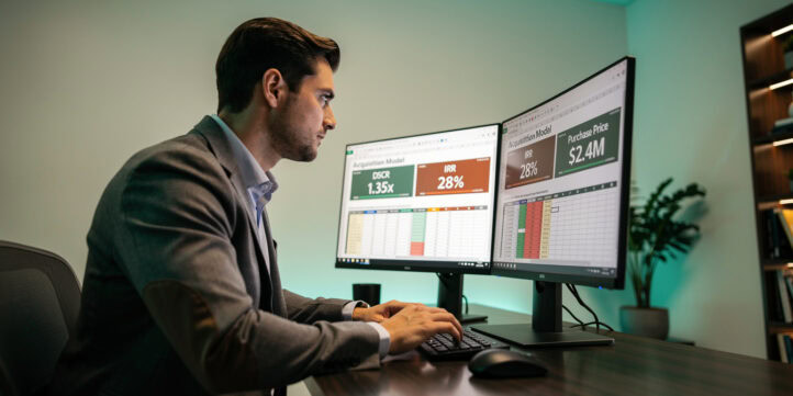 Financial analyst reviewing an acquisition model spreadsheet with DSCR and IRR metrics on screen