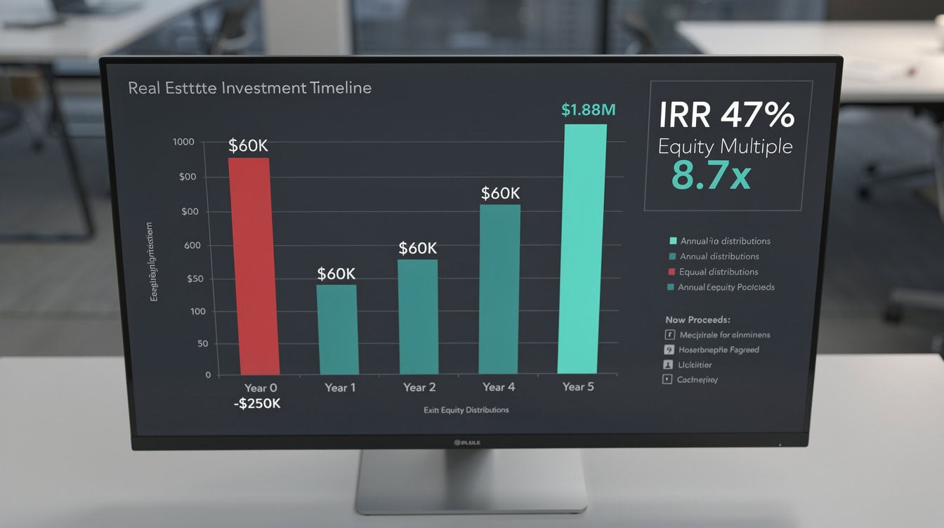Timeline diagram showing 5-year acquisition hold with 0K equity invested K annual distributions and 8M exit proceeds yielding 47 IRR | eFinancialModels Timeline diagram showing 5-year acquisition hold with 0K equity invested, K annual distributions, and alt=