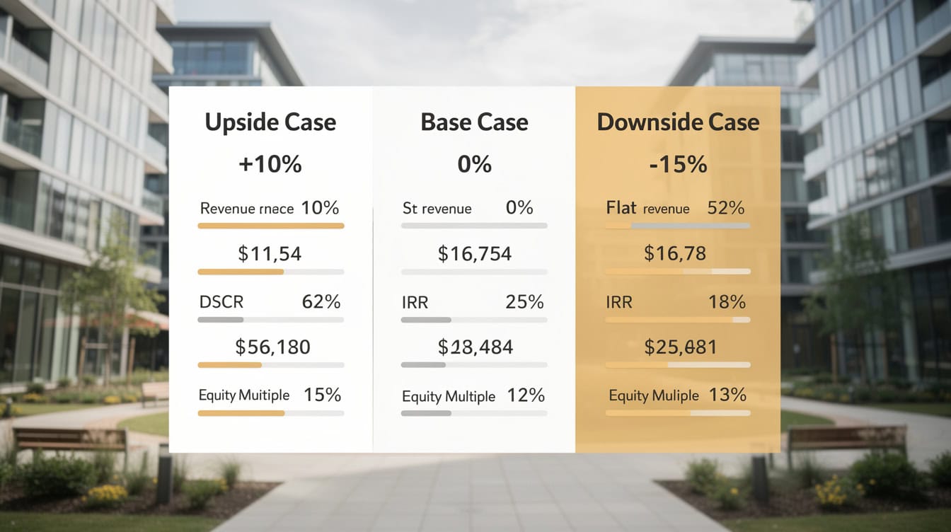 Three-scenario acquisition model comparison showing upside base and downside DSCR and IRR outcomes | eFinancialModels Three-scenario acquisition model comparison showing upside, base, and downside DSCR and IRR outcomes